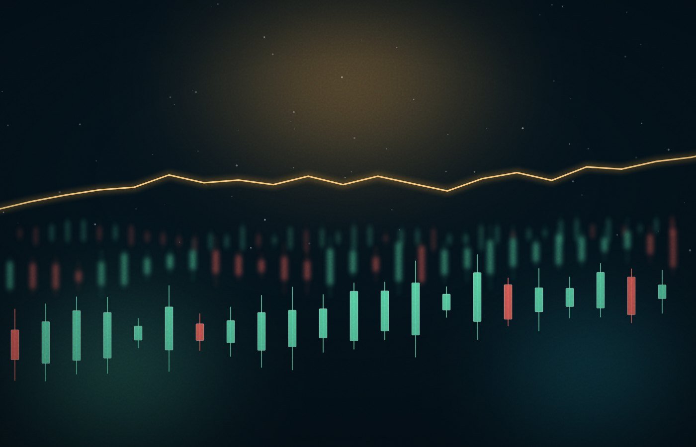 A field of candlesticks receding into fog beneath a rising trend line