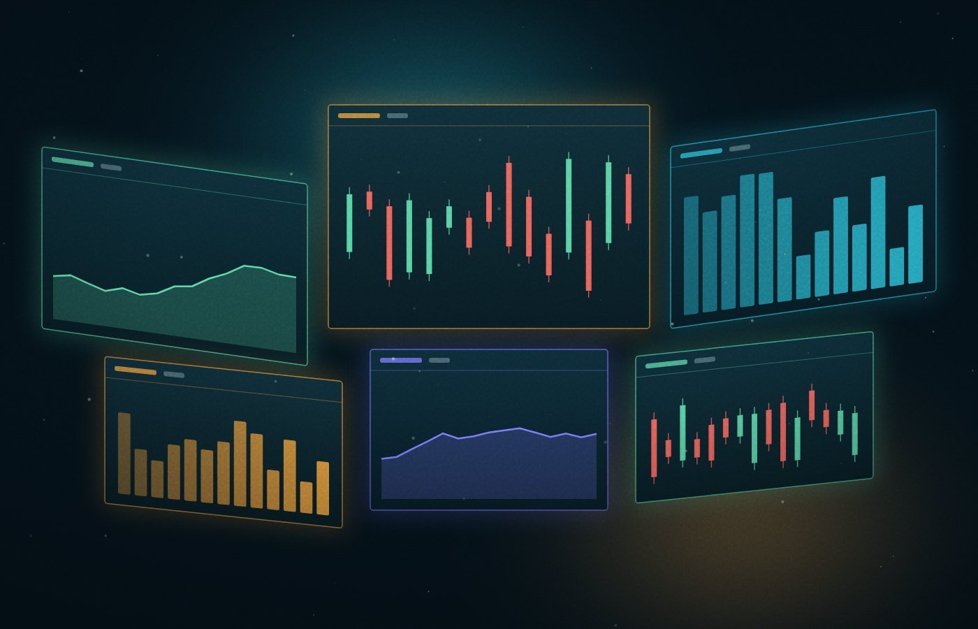 A bank of glowing trading panels showing charts and order flow